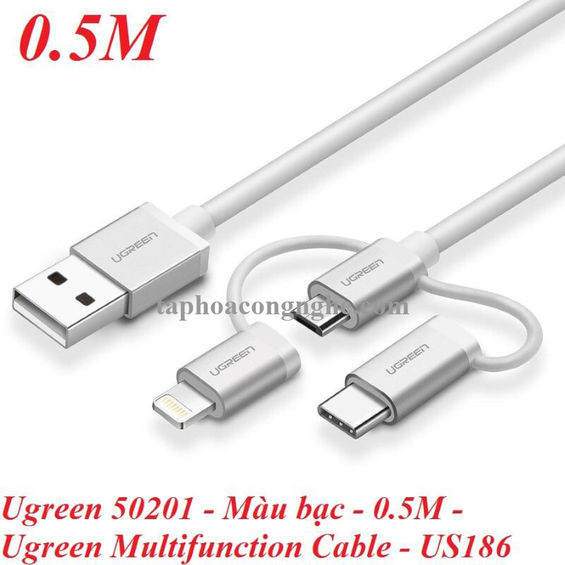 Ugreen 50201 0.5M màu Bạc Cáp sạc đa năng USB sang TypeC + Micro + Lightning US186 30050201